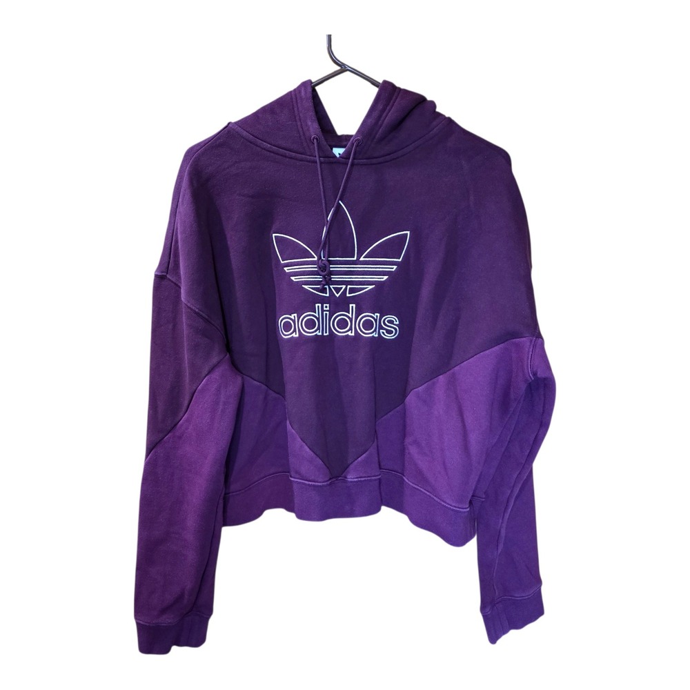 Adidas Cropped Hoodie Burgundy Trefoil Logo Pullover Sweatshirt Sz M‎